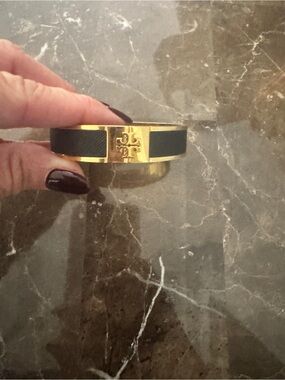 Tory Burch Black and Gold Enamel Logo Cuff Bracelet